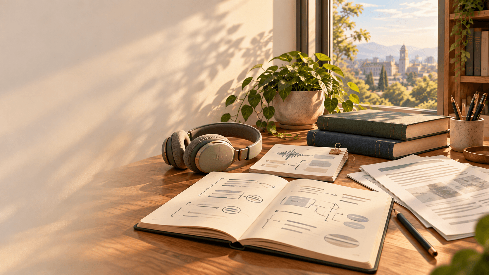 Meja belajar dengan buku catatan, headphone, dan bahan bacaan yang menggambarkan pembelajaran multimodal.